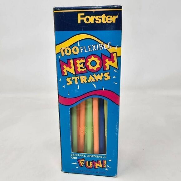 VINTAGE 1998 DIAMOND FORSTER 100 FLEXIBLE NEON PLASTIC STRAWS PARTY NOS BENDY - Picture 2 of 4